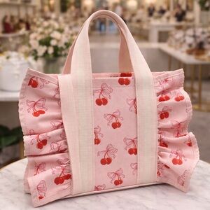 Betsey Johnson Pink Tote with Red Cherry Print & Ruffle Sides